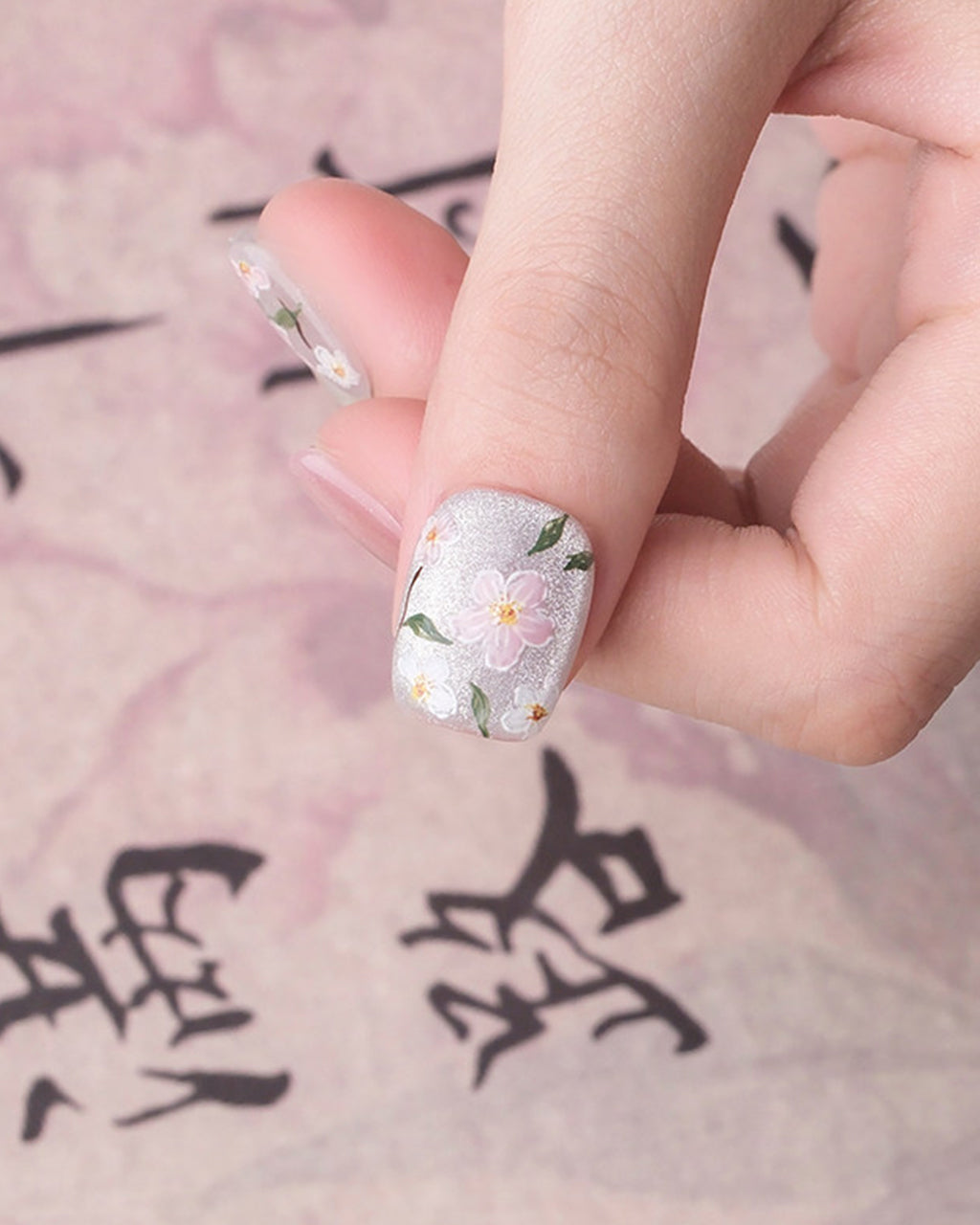Jasmine Peach | Hand-Painted Floral & Cat Eye Press-On Nails