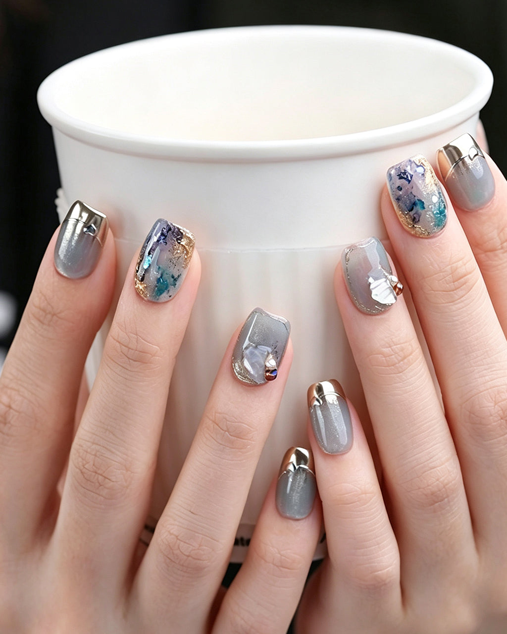 Dew Bubbles | Ice Blue Cat Eye & Chrome French Tip Press-On Nails
