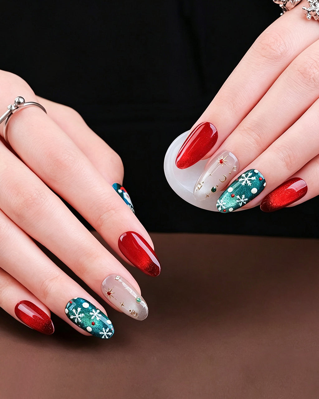 Christmas Press On Nails - Red & Green Festive Almond Nails with Snowflake Art