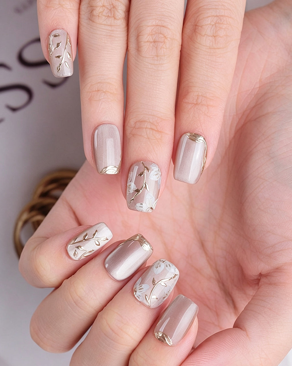 Ice Flower | Handcrafted Magnolia & Metallic Gold French Press-On Nails