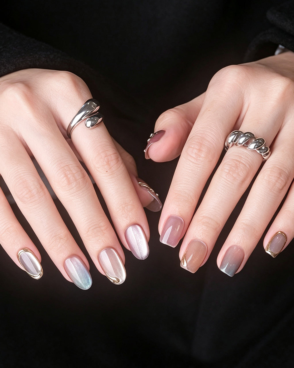 Rhythmic Light | Handcrafted Pink Aurora & Metallic Line Press-On Nails
