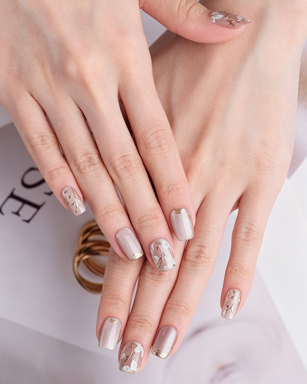 Ice Flower | Handcrafted Magnolia & Metallic Gold French Press-On Nails