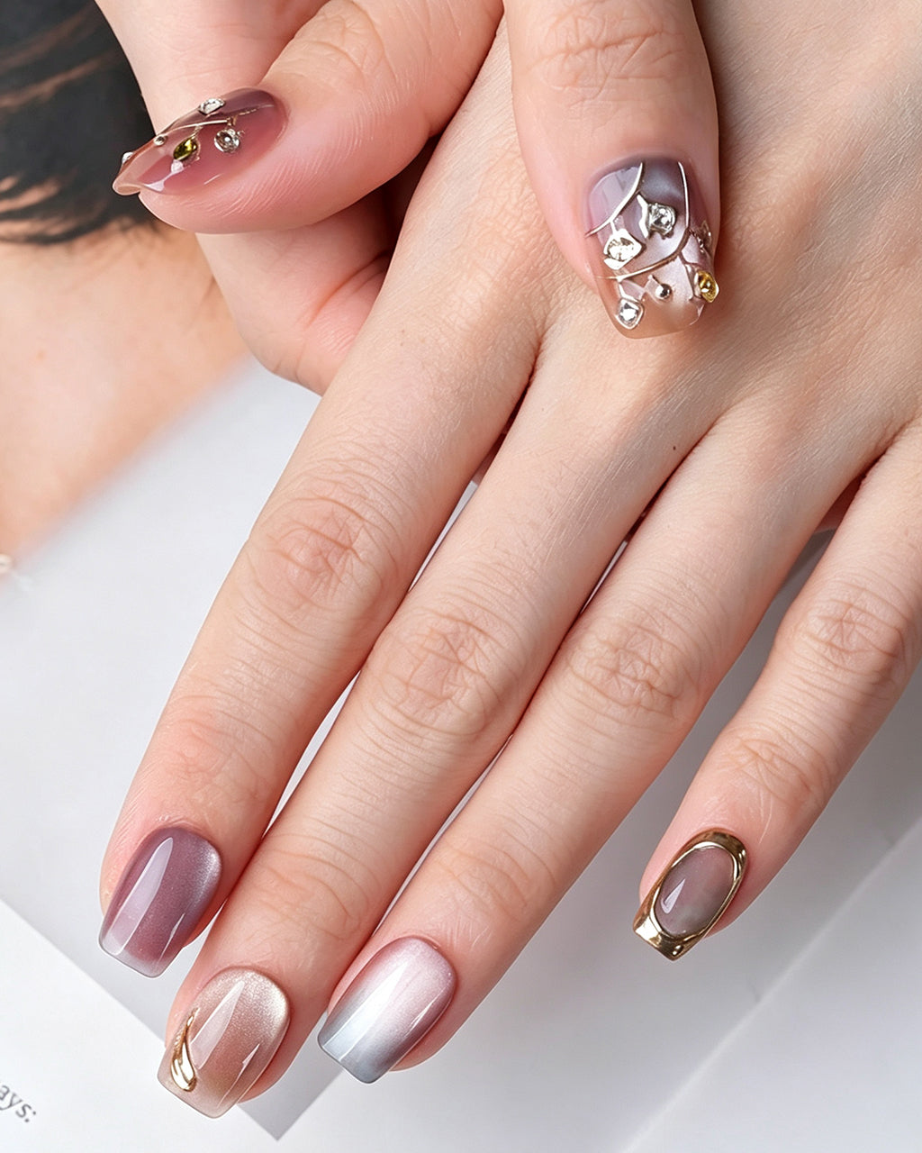 Rhythmic Light | Handcrafted Pink Aurora & Metallic Line Press-On Nails