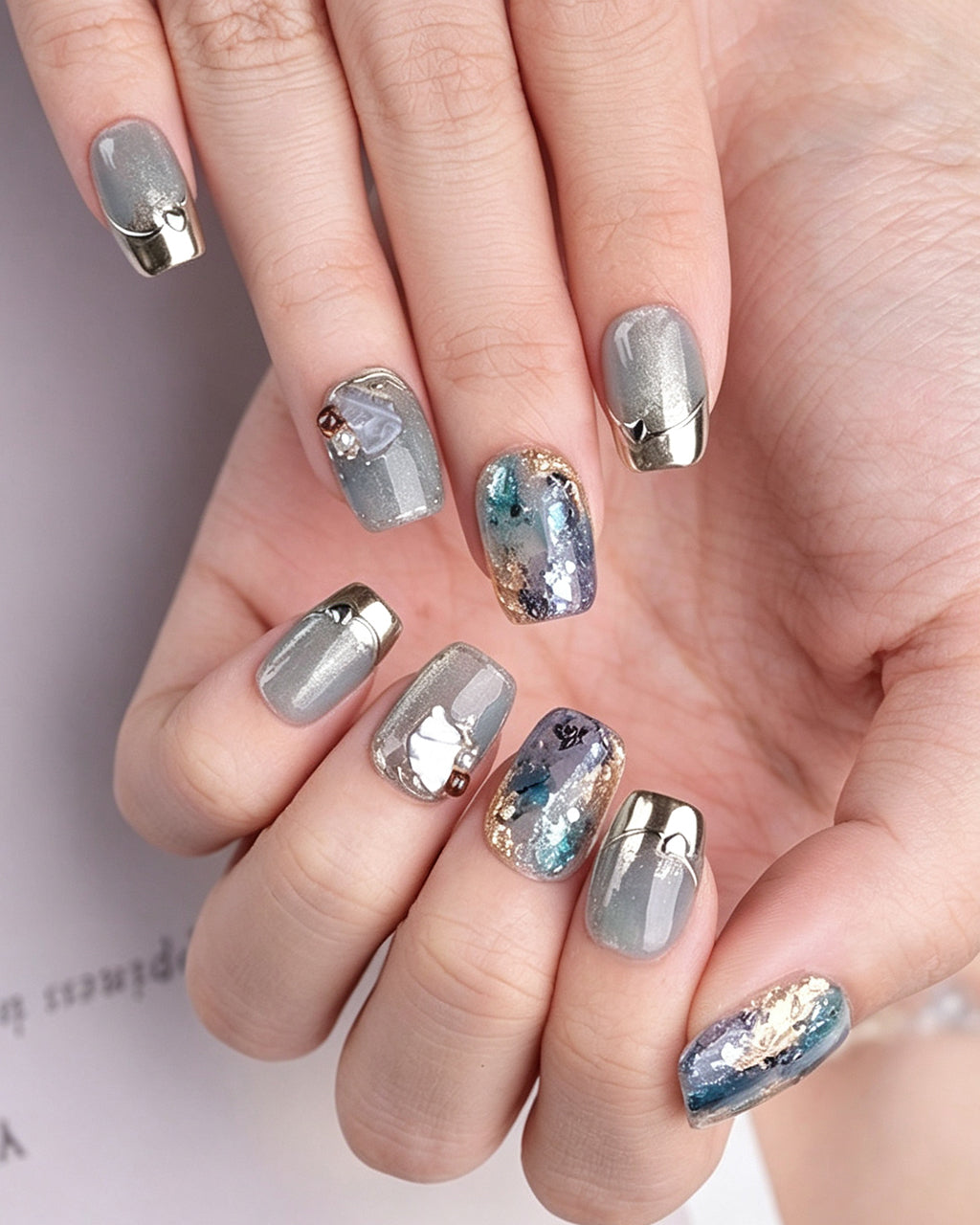 Dew Bubbles | Ice Blue Cat Eye & Chrome French Tip Press-On Nails