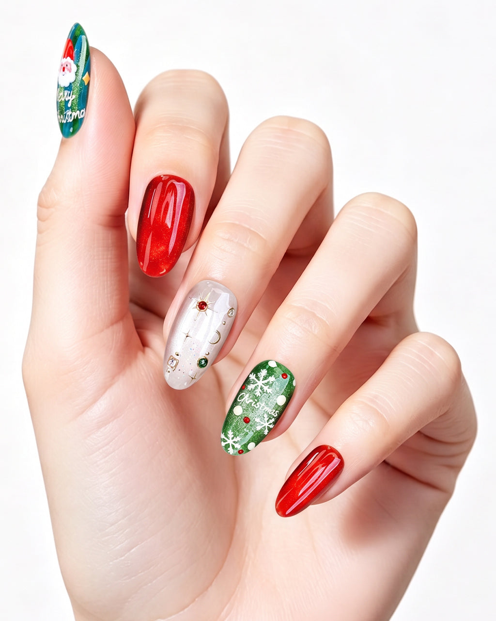 Christmas Press On Nails - Red & Green Festive Almond Nails with Snowflake Art