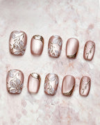 Ice Flower | Handcrafted Magnolia & Metallic Gold French Press-On Nails
