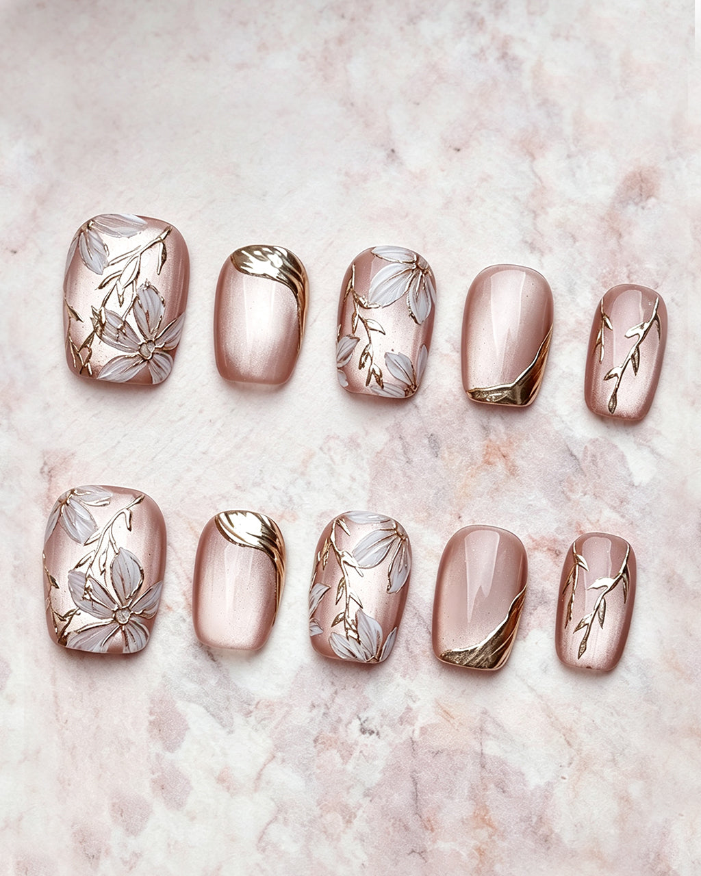 Ice Flower | Handcrafted Magnolia & Metallic Gold French Press-On Nails