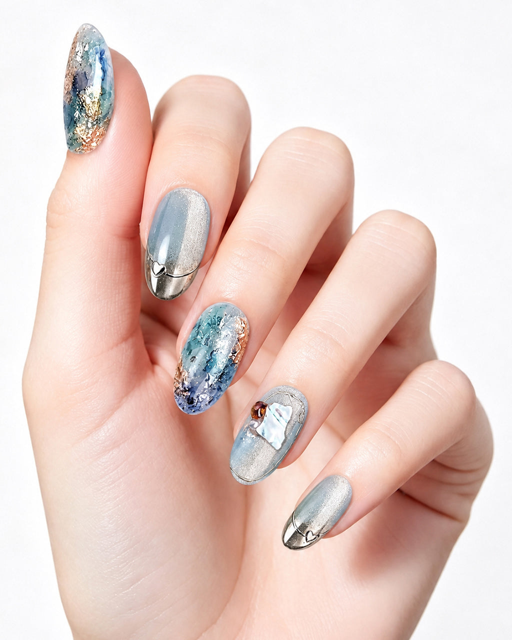 Dew Bubbles | Ice Blue Cat Eye & Chrome French Tip Press-On Nails
