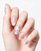 Jasmine Peach | Hand-Painted Floral & Cat Eye Press-On Nails