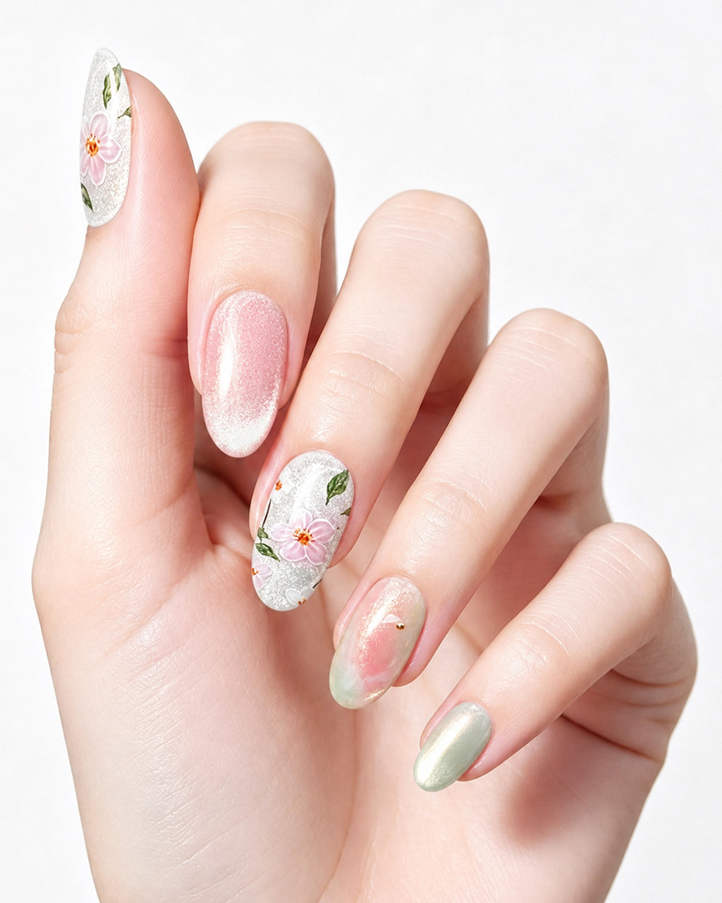 Jasmine Peach | Hand-Painted Floral & Cat Eye Press-On Nails