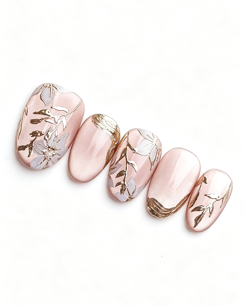 Ice Flower | Handcrafted Magnolia & Metallic Gold French Press-On Nails